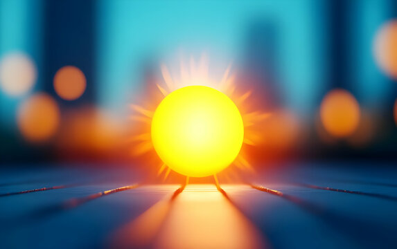A vibrant sunball radiates golden light against a dreamy urban backdrop, evoking warmth and serenity in a busy world.