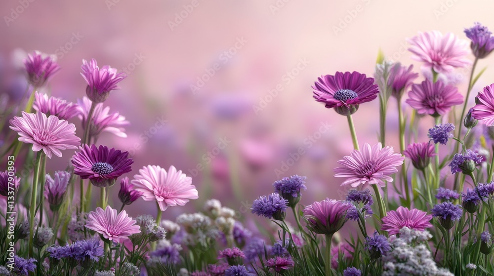 Poster soft light illuminates a field of purple and pink flowers, creating a serene and romantic atmosphere
