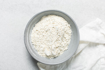 overhead view of All purpose flour, top view of baking flour in a bowl
