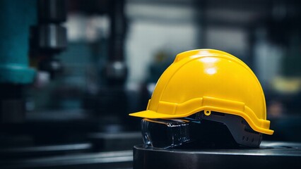 Close-up of a yellow safety helmet with eye protection on industrial machinery, emphasizing workplace safety.