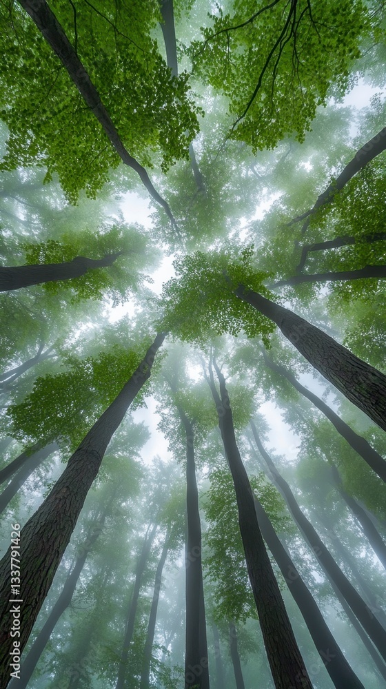 Poster low angle view of tall trees in a misty forest, sunlight filtering through the leaves.