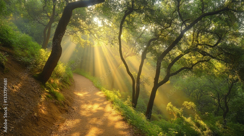 Poster sunbeams illuminate a tranquil forest path winding through lush green foliage and dappled shade, cre
