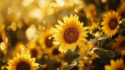 Fototapeta premium Vibrant yellow sunflowers in a field, illuminated by warm sunlight creating a bokeh effect. The image evokes feelings of warmth, joy and summer.