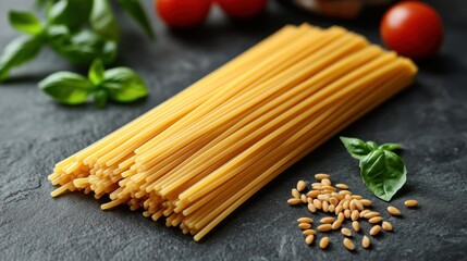 Spaghetti rests with basil, cherry tomatoes, and grain on a dark surface