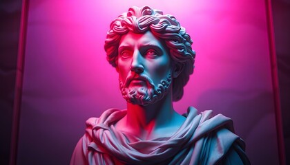 Neon-lit Ancient Greek Bust Sculpture, Artistic Portrait