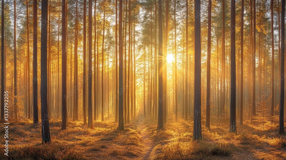 Poster golden sunlight streams through a dense pine forest, illuminating a path and creating a warm, inviti