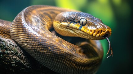 Fototapeta premium Close-up shot of a python with its textured skin coiled on a branch in nature