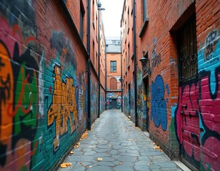 Fototapeta premium Colorful urban street alley with graffiti-covered walls, vibrant city life. Art tags, spray paint. Urban decay, street art blend seamlessly. Building concrete with city landscape, hip hop culture,