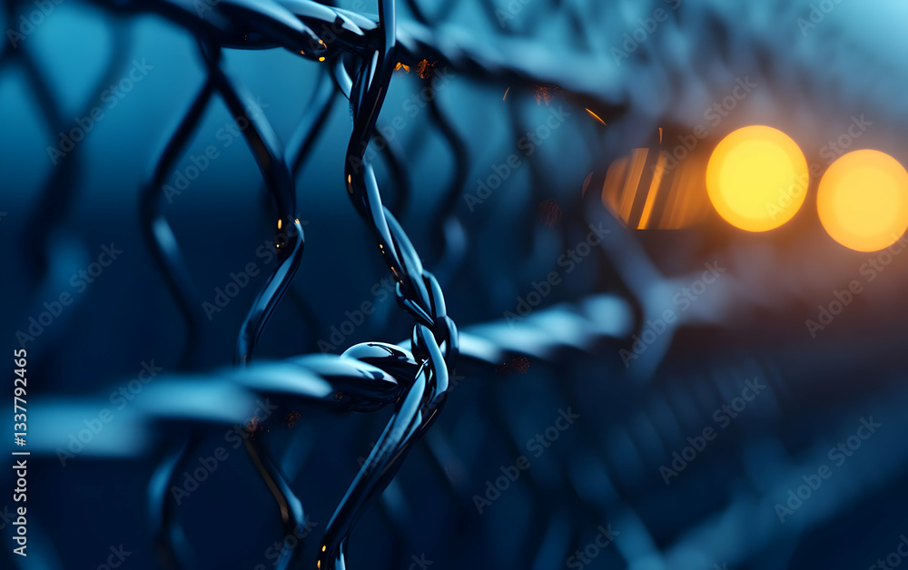 Poster close-up of a chain-link fence with bokeh lights in the background, creating a unique urban atmosphe