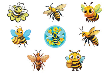 Adorable Cartoon Bees Honey Flowers Collection, Colorful Bee vector set for design