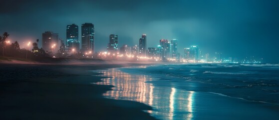 Breathtaking panoramic view of an ocean beach with crashing waves set against the backdrop of a towering city skyline under a dramatic cinematic lighting