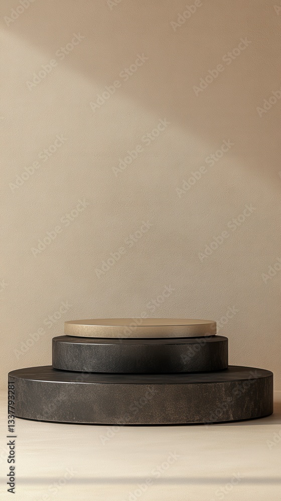 Aufkleber three tiered display stand with textured dark and light beige circular platforms against a beige tex