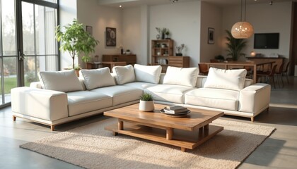 Bright, roomy showroom features modern furniture with neutral tones, clean lines. Sofa, table, rug decor choices for elegant, light, simple living room interior. Home decor accessories, houseplant,