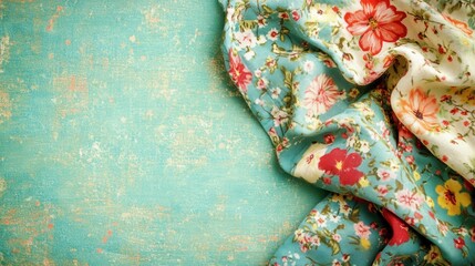 Floral fabric on a teal textured background. The fabric is predominantly teal, with red, orange, and white floral accents. The image is a high angle, close up shot.