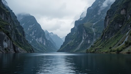 Fototapeta premium Serene Mountain Lake with Dramatic Cliffs and Overcast Sky