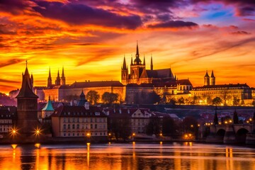 Fototapeta premium Prague Silhouette: Romantic Cityscape at Sunset - Stock Photo