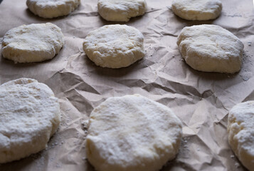 Made lumps from dough for baking cookies. Culinary background, banner, poster.