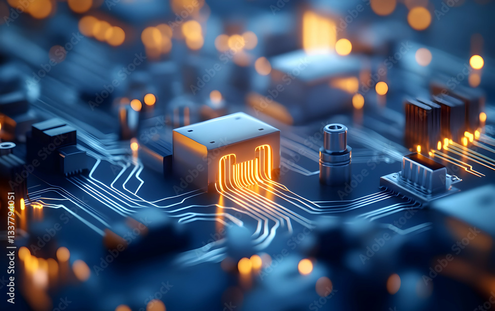 Poster close-up view of a complex circuit board with glowing elements, representing advanced technology and