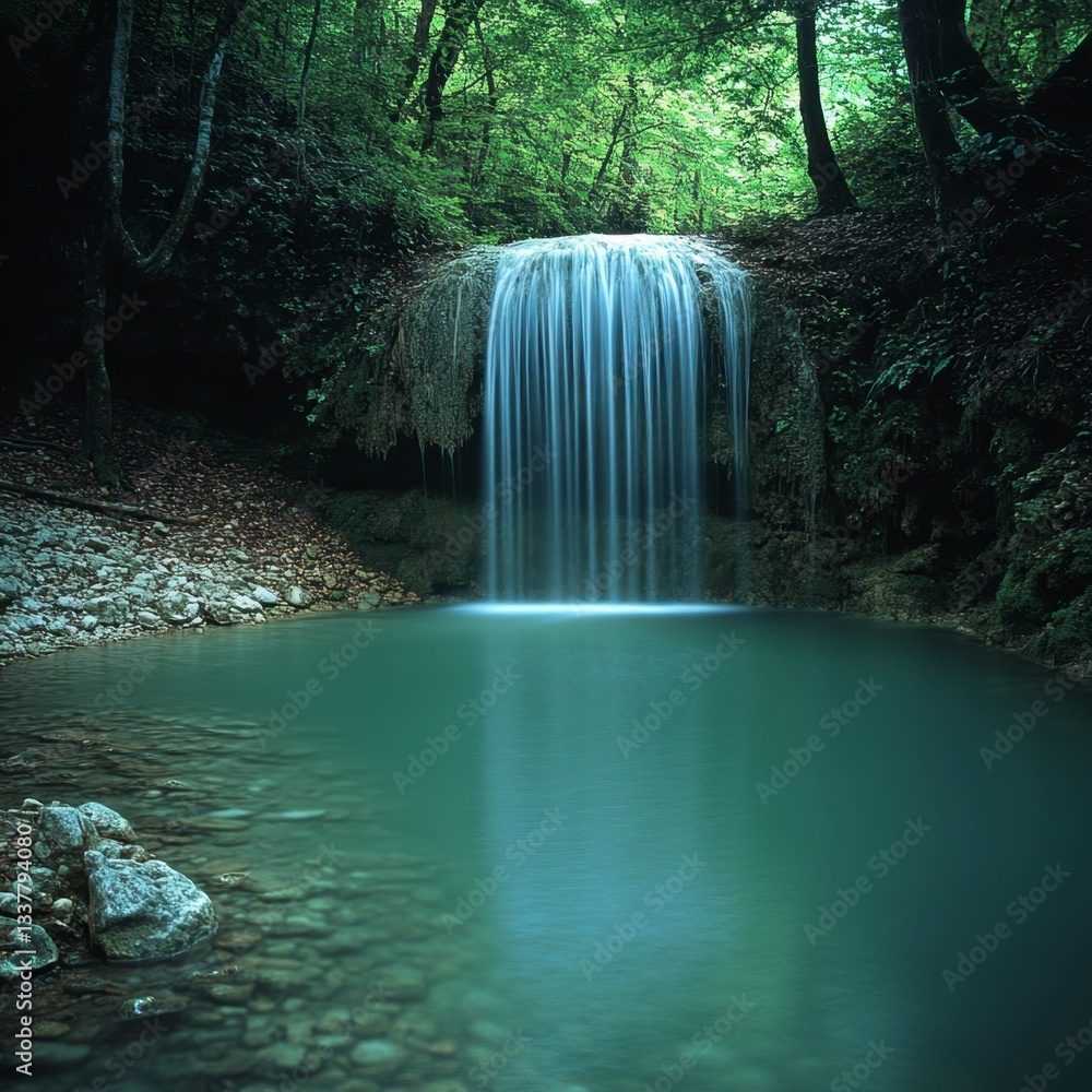 Poster serene waterfall cascading into a tranquil teal pool, surrounded by lush green forest. rocks and peb