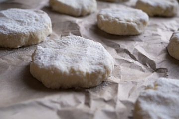 Cookies before baking closeup. Poster, banner, background.