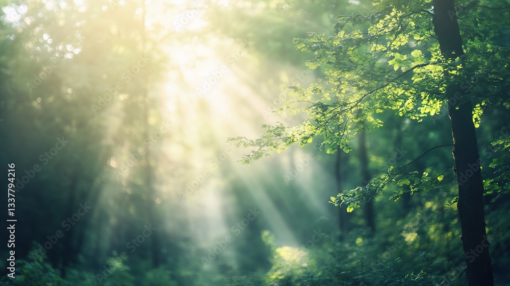 Poster sun rays filtering through green forest trees in soft focus