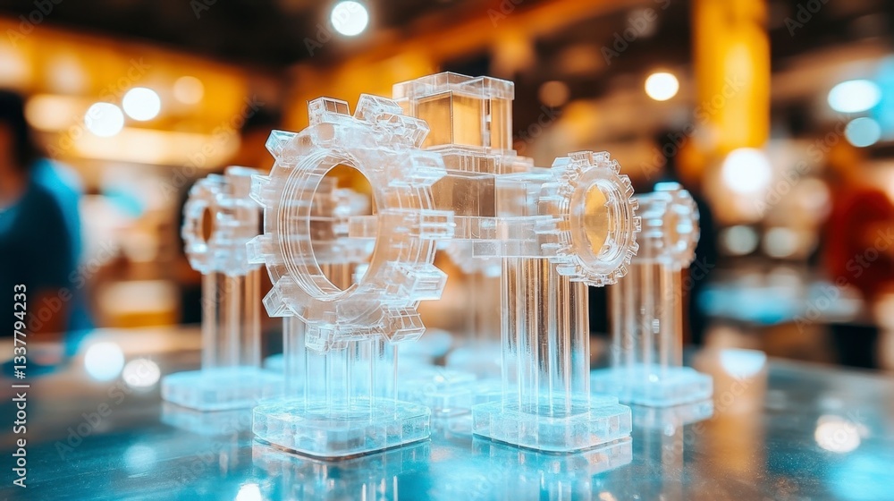 Poster close up view of several transparent, gear shaped objects displayed on a reflective surface. the bac