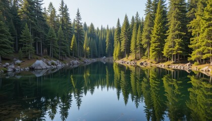 Serene Reflection of Evergreen Trees in Tranquil Blue Water