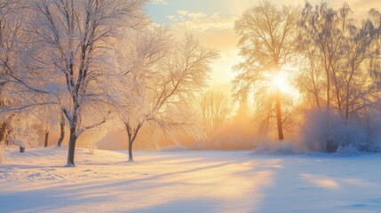Winter landscape with frosty trees at sunrise. Snowy nature scene with golden sunlight.