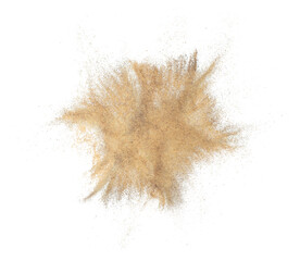 Sand flying explosion, Golden sand wave explode. Abstract sands cloud fly. Yellow colored sand splash throwing in Air. White background Isolated high speed shutter, throwing freeze stop motion