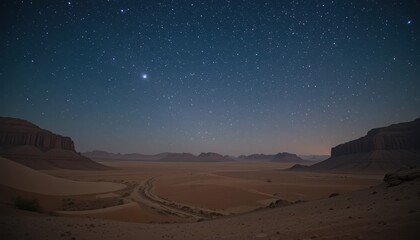 Serene Night Sky Over Desert Landscape with Stars and Mountains