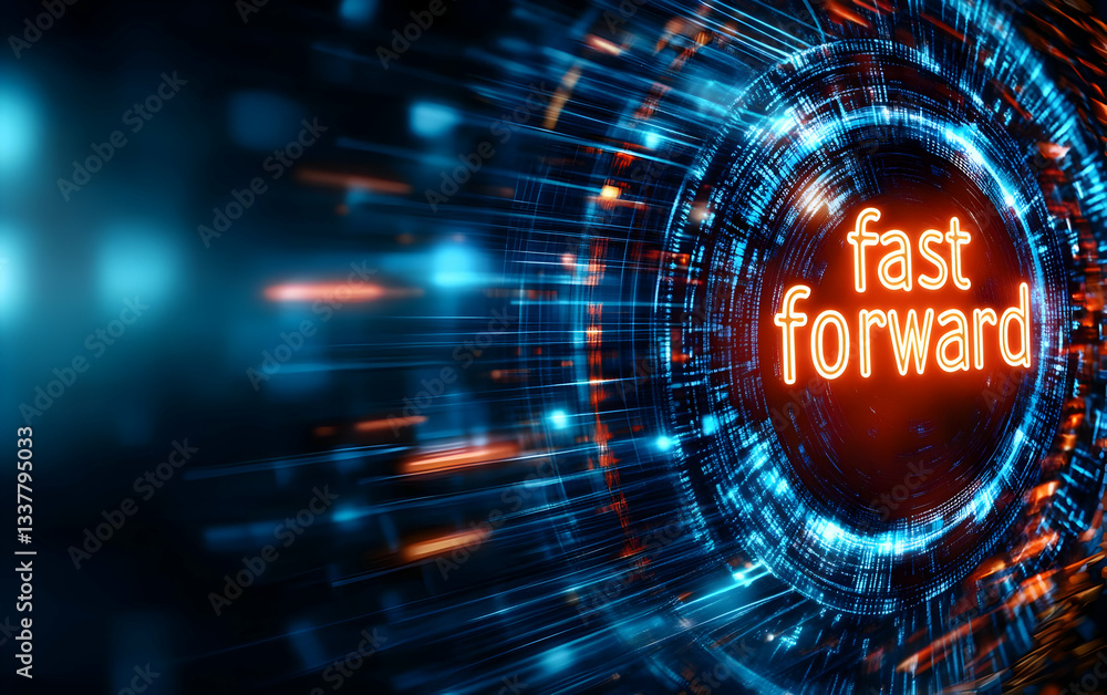 Poster dynamic visual representation of fast forward concept, showcasing speed and innovation through vibra