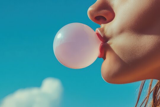 Close-up of a woman blowing a bubble gum against a clear blue sky.