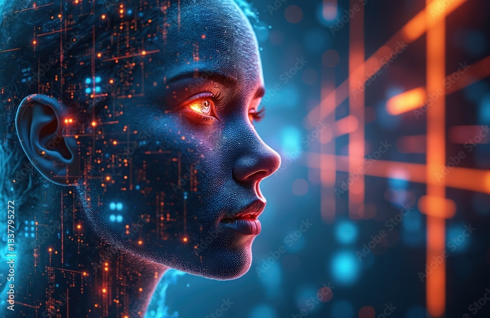 Poster ai woman face portrait with digital data streams. futuristic sci-fi girl with face connected to arti