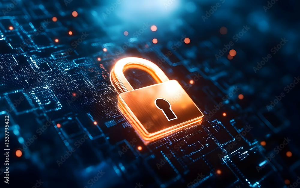 Poster futuristic digital padlock symbolizing cybersecurity and data protection in a technology-oriented wo