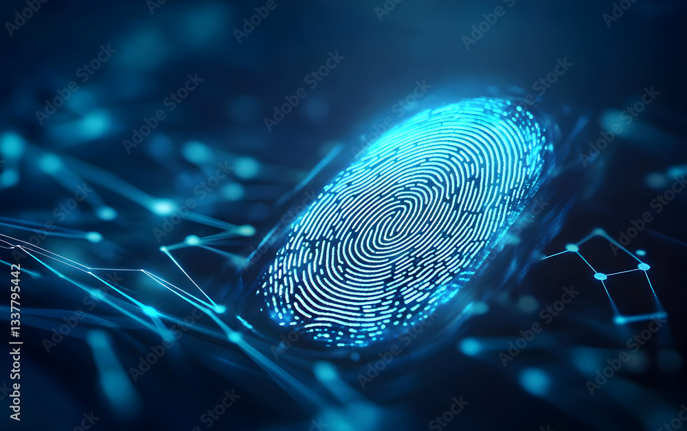 Poster futuristic fingerprint technology showcasing digital security and identity verification concepts in 