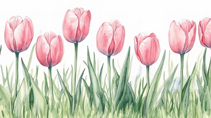 Fototapeta premium Delicate Pink Tulips in Grassy Field - Beautiful Watercolor Painting