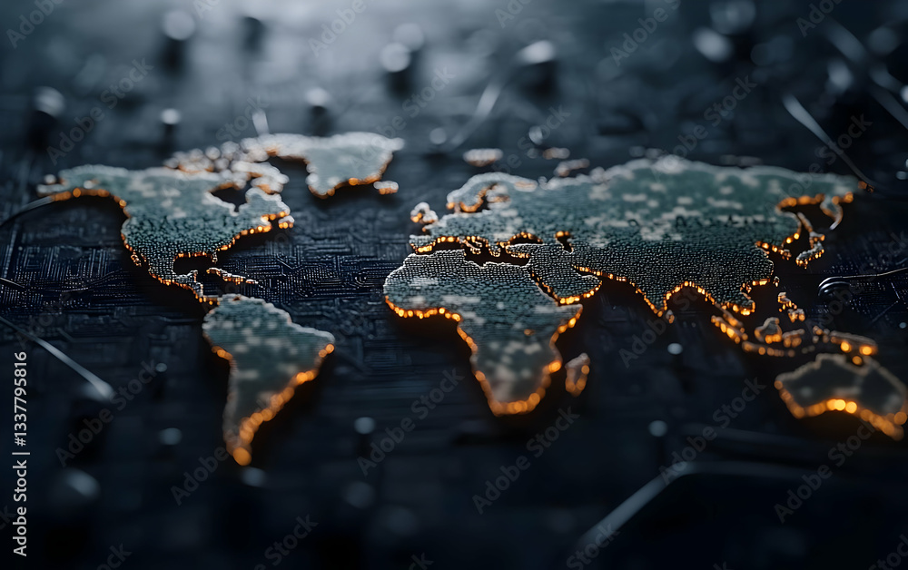 Poster intricate close-up of a glowing world map on a textured background, emphasizing global connectivity 