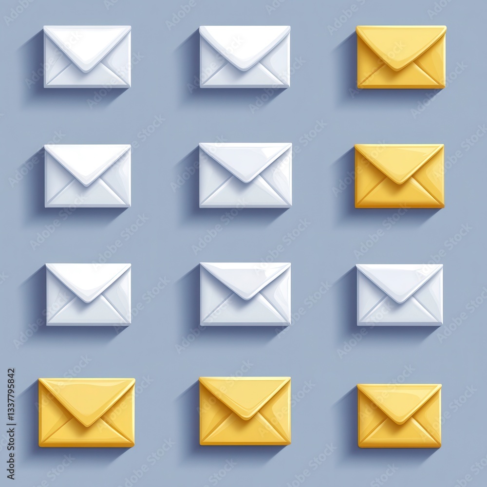 Poster twelve envelopes in white and gold arranged in a grid pattern on a light gray background. the envelo
