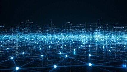 Abstract network visualization depicting connected glowing spheres and lines against a dark blue background.
