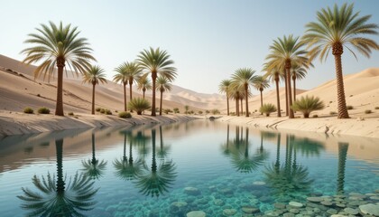 Fototapeta premium Serene Oasis with Palm Trees Reflecting in Calm Desert Water