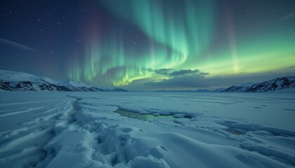 Naklejka premium Breathtaking Aurora Borealis Over Icy Landscape at Night Sky