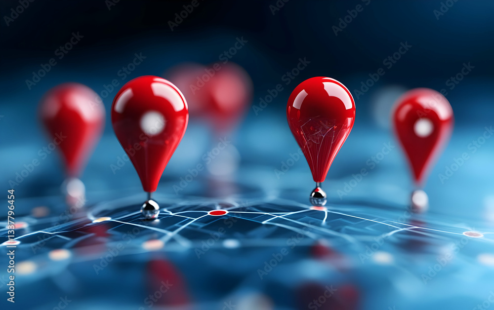 Poster stylish red location markers connect on a digital map, symbolizing navigation and modern technology 