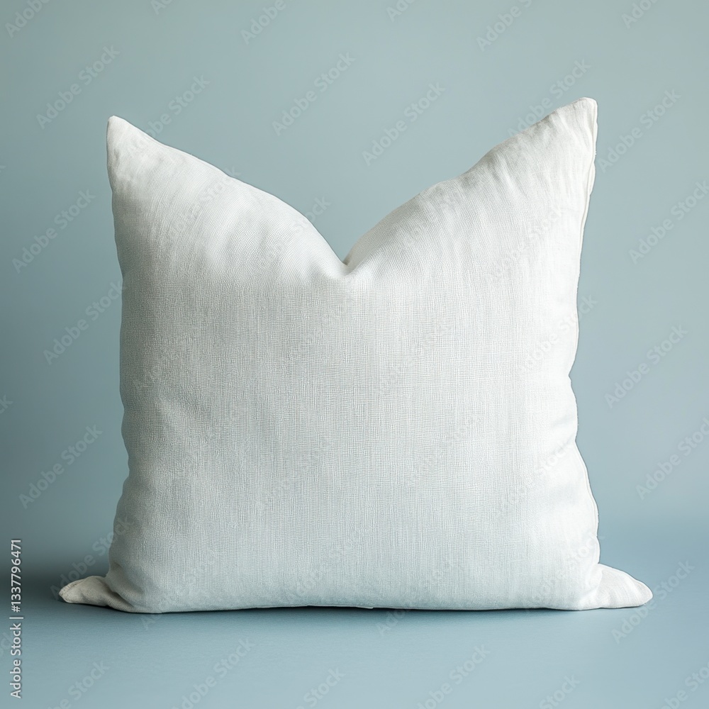 Poster white textured square pillow on a light blue background. the pillow has a subtle pattern and soft te