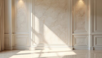 Beige marble wall with classic molding, sun light. Blank space for product mock-up, montage. Interior design elements wall decor paneling, empty room background for decorative elements, furniture