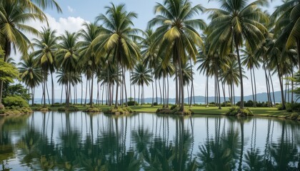 Fototapeta premium Serene Palm Trees Reflected in Calm Water Under Blue Sky