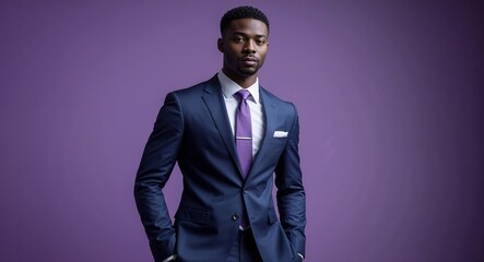 Black African guy in formal suit on purple bright plain background model pose photo