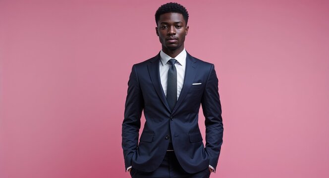Black African guy in formal suit on pink bright plain background model pose photo
