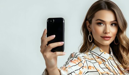 Stylish woman fashionista selfie and live online with her smartphone, concept of online influencer, social media marketing involving endorsements and product placement