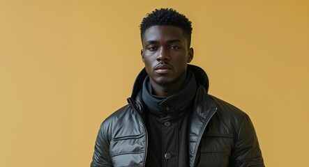 Obraz premium Black African guy in modern fashion clothing on red bright plain background model pose photo