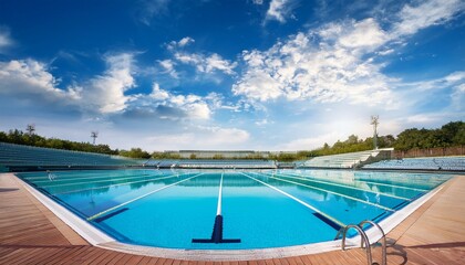 青空と屋外の競技用プール。AIで生成	